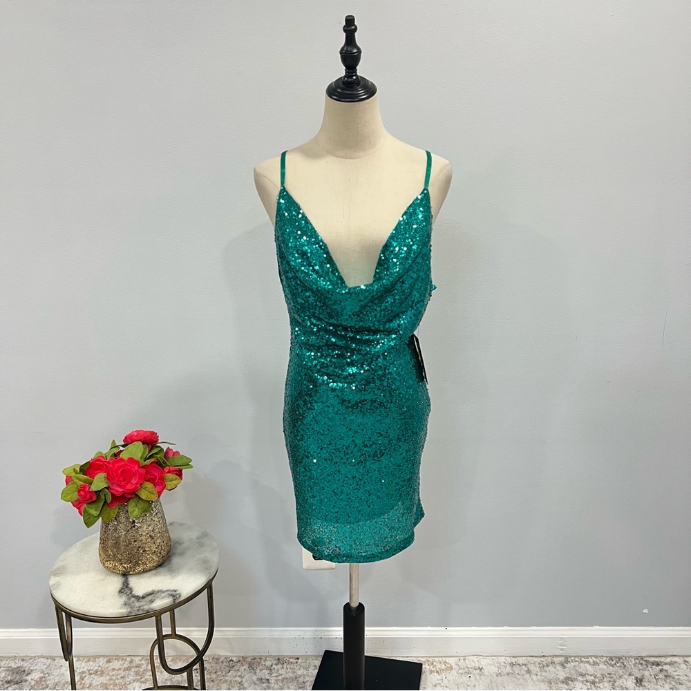 Verte Green Sequins Embellished Cowl Neck Crisscross Backless Straps Mini Dress